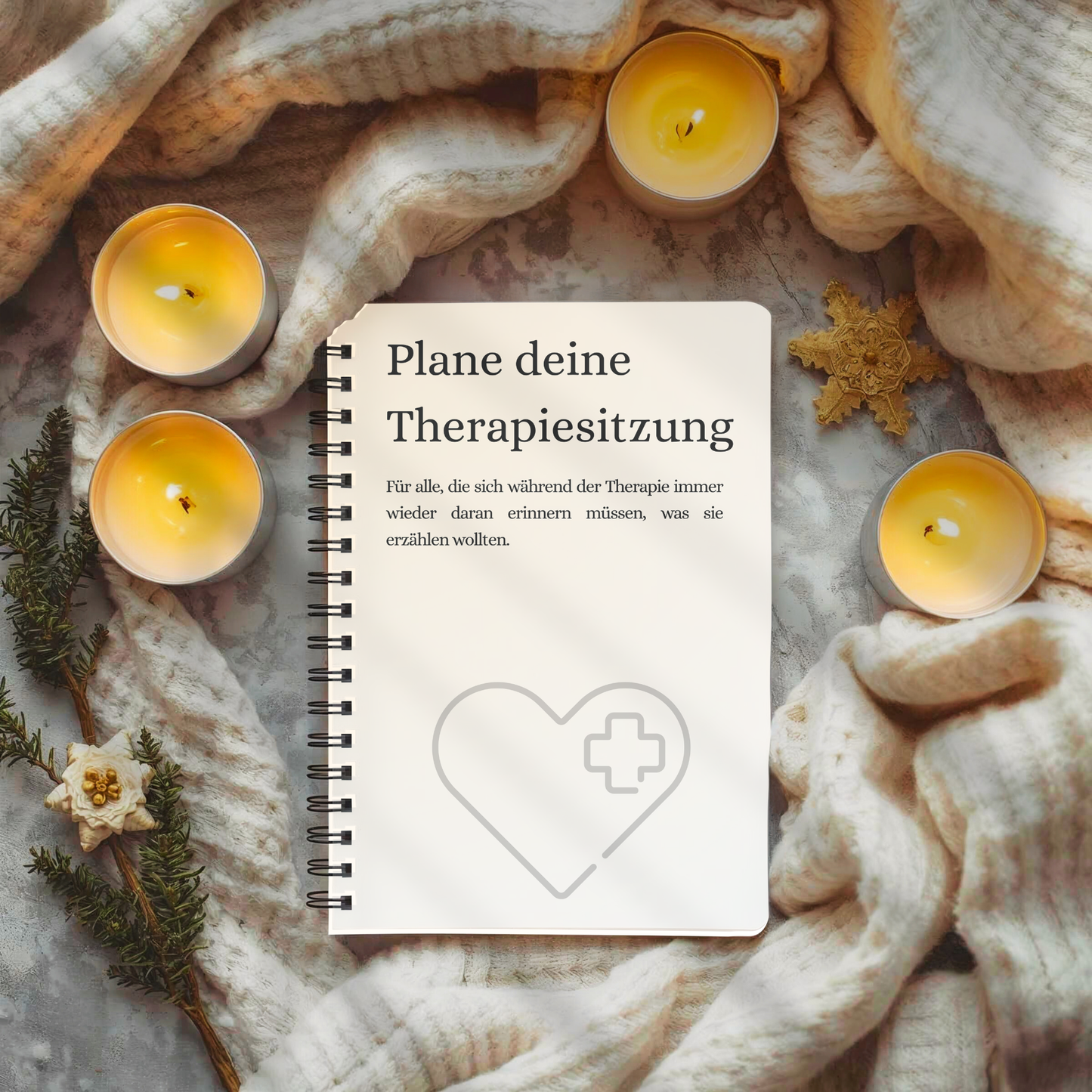 Therapieplaner „Plane deine Therapiesitzung“ als Spiralbuch in ruhiger Szene mit Kerzen und Decke für achtsame Therapievorbereitung.