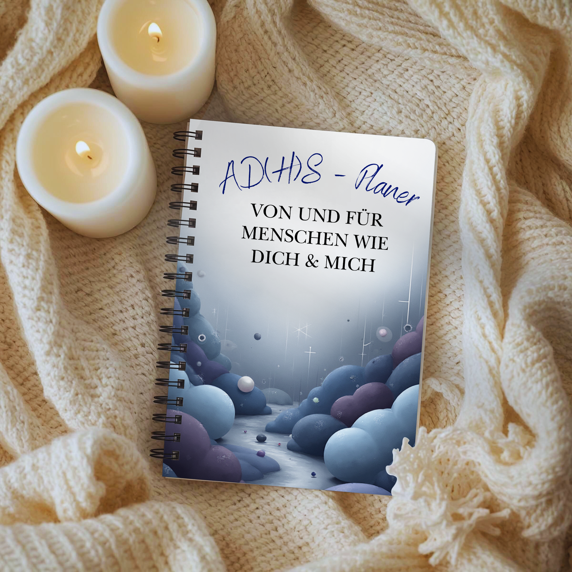 ADHS-Planer als Spiralbuch auf weicher Strickdecke mit Kerzen, für Tagesstruktur und Planung im neurodivergenten Alltag.
