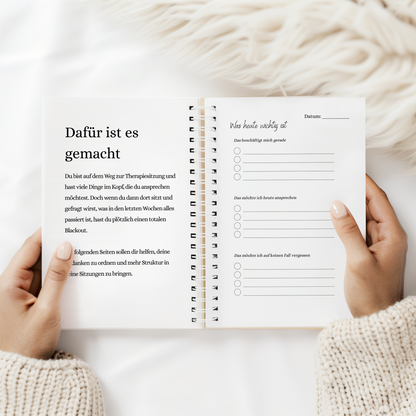 Geöffneter Therapieplaner mit Einleitung und Seite „Was heute wichtig ist“ zum Sortieren von Gedanken vor einer Therapiesitzung.